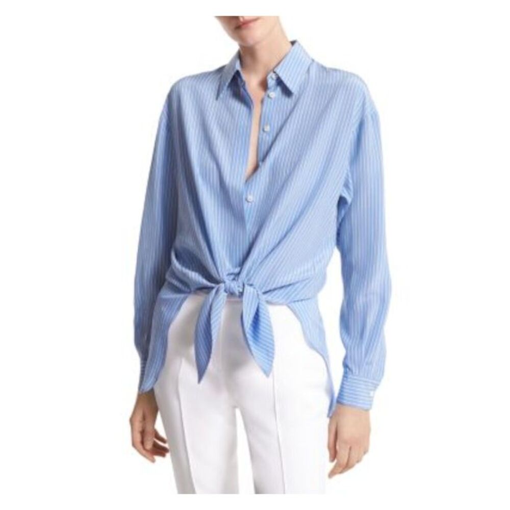 MICHAEL KORS COLLECTION Womens Blue Tie Hi-lo Cuffed Sleeve Collared Blouse 12